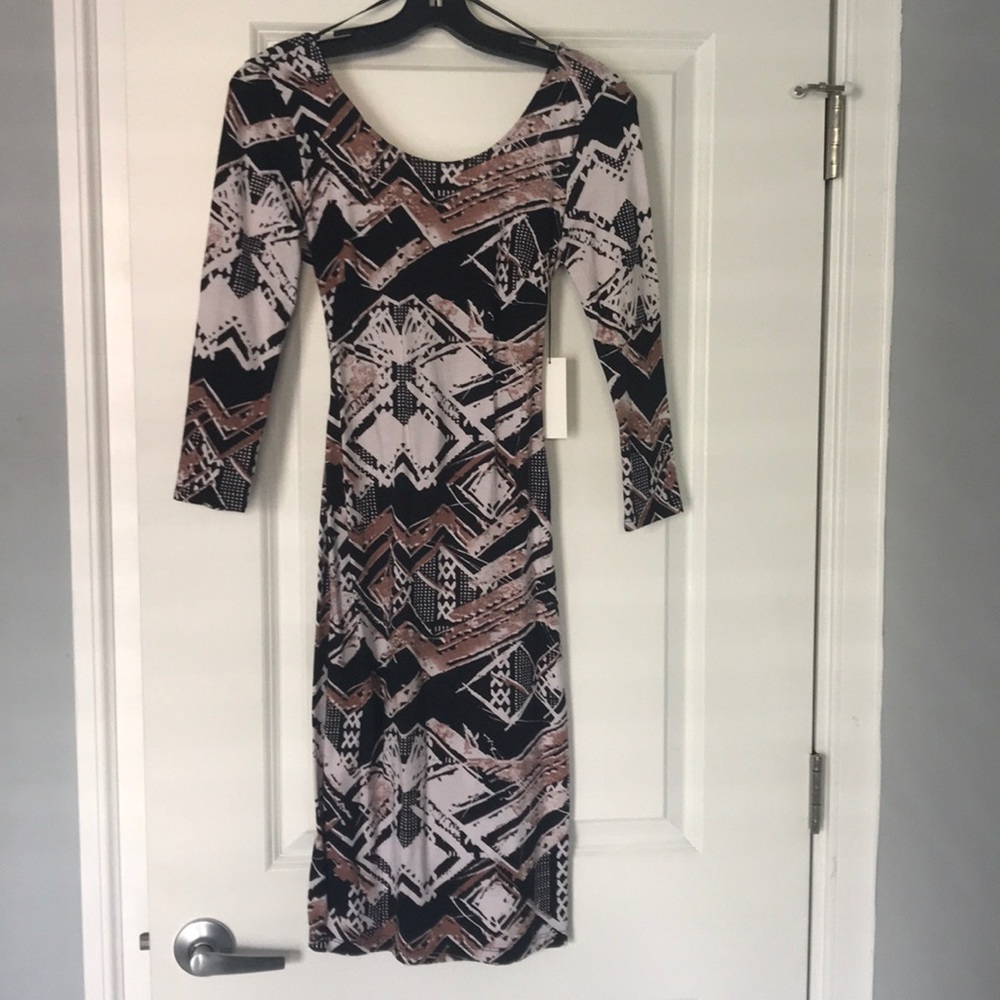 COPY - ASTR dress with black, tan and cream print.
